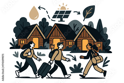 Eco-Lodge Retreat. Eco-lodges. Travelers arriving at glowing wooden cabins surrounded by nature. Floating icons of water droplets, solar panels, and leaves