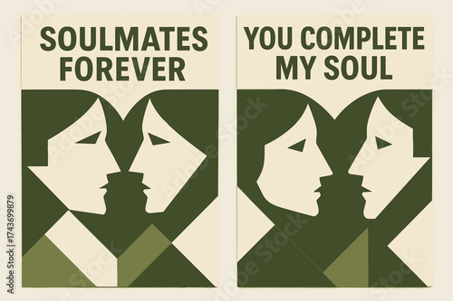 Soulmates Forever Banner. Soulmates Forever. Two vertical A6 banners, geometric, olive green and cream backgrounds, overlapping angular shapes forming a