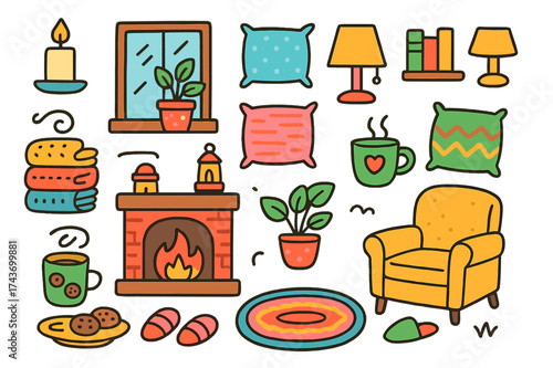Cozy Home Icons. Cozy Home. Colorful Hand-drawn doodle Children illustration Fireplace, blanket, cushions, candle, bookshelf, lamp, tea cup, slippers, rug,
