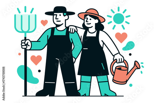 Proud Farm Duo. Farm couple. Two farmers standing proudly together with glowing pitchfork and watering can, abstract hearts and sun rays floating around them.