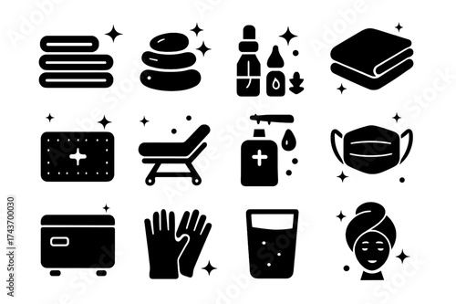 Spa Cleanliness Icons. Spa Hygiene and Cleanliness. Solid icons set of Spa Hygiene and Cleanliness: clean towels, sanitized massage stones, essential oils,