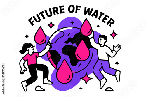 Glowing Water Future. Future of water. A glowing globe with large water droplet symbols floating, abstract stars and sparkles showing the importance of