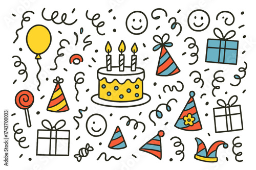 Birthday Celebration Fun. Birthday Giggles. Hand-drawn doodle illustration cake with candles (colored), balloons, party hats (colored), presents, lollipop