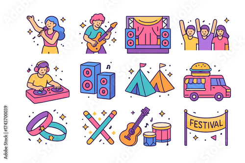 Festival Icons Set. Birdhouse village. Several glowing colorful birdhouses clustered together, abstract floating birds, stars, and sparkles showing community