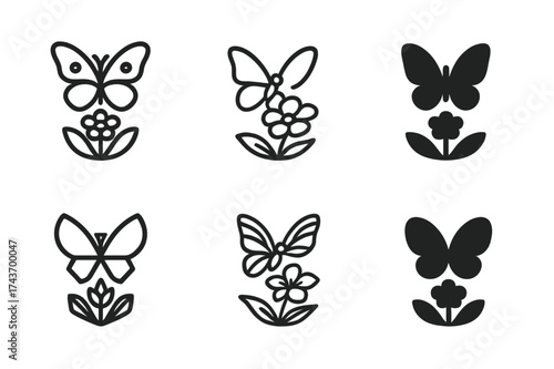Butterfly Logo Variations. Pollinators. Set Logo of Nature: butterfly landing on flower. harmonious logo variations of the same emblematic concept, each with