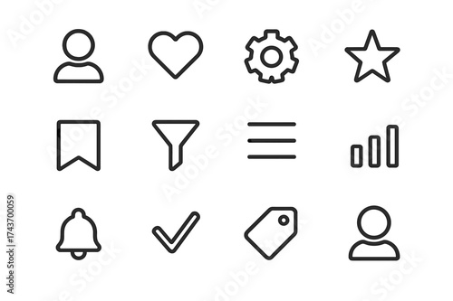 Icon Set Outline. User Preferences. Line icon set of User Preferences: user profile, heart, settings gear, star, wishlist, filter, list, chart, bell, check