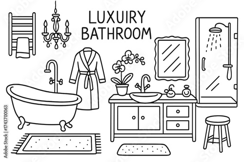 Luxurious Bathroom Design. Luxury Bathroom. Hand-drawn doodle illustration Luxury Bathroom freestanding tub, chandelier, large mirror, rug, towel warmer,