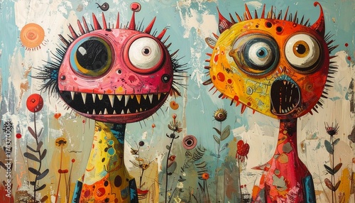 Monster Duo, Two Shocked Funny Monsters with Different Eyes – Cartoon Illustration of Halloween Characters with Grunge Background