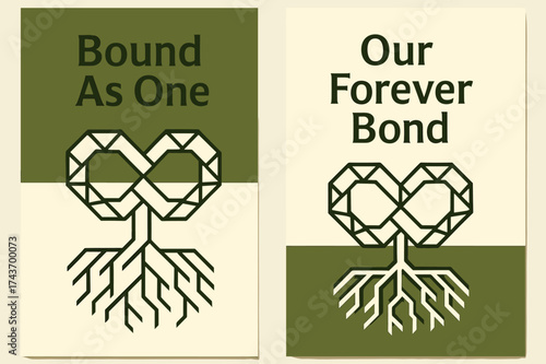 Infinity Heart Banners. Bond. Two vertical A6 banners, geometric, olive green and cream backgrounds, angular infinity heart built from clean polygons and