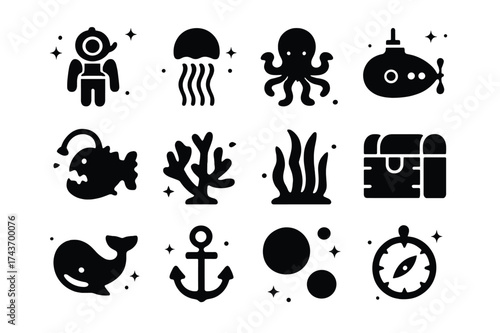 Ocean Depth Icons. Ocean depth. Solid icons set of Ocean depth: deep-sea diver, jellyfish, octopus, submarine, anglerfish, coral, seaweed, treasure chest,
