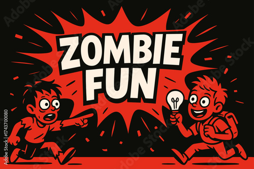 ZombieFun Comic Burst. ZombieFun banner, flat vector illustration, bold oversized text inside comic burst, cartoon characters running and pointing at banner,