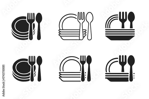 Party Cooking Logos. Cooking for large groups and parties. Set Logo of Cooking for large groups and parties: Stack of disposable plates and utensils.