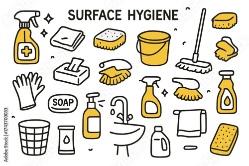 Surface Cleaning Essentials. Surface Hygiene. Hand-drawn doodle illustration surface hygiene disinfectant spray (accented), cloth, sponge (accented), mop,
