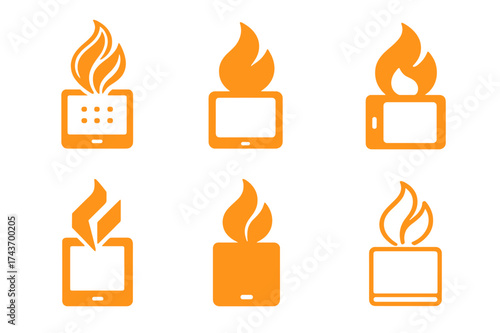 Digital Learning Logos. Students using laptops and tablets in classrooms. Set Logo of learning flame: symbolic torch with digital screen integrated. harmonious