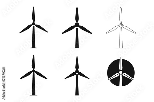 Wind Turbine Logo Variations. Renewable energy technologies and sustainability. Set Logo of wind turbine: silhouette of turbine blades turning. harmonious logo