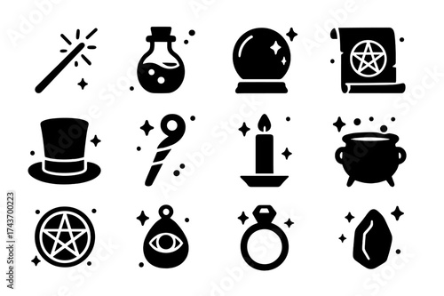 Mystical Magic Icons. Magic. Solid icons set of Magic: wand, potion bottle, crystal ball, spell scroll, magic hat, enchanted staff, candle, cauldron,