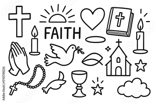 Faith Symbols Illustration. Faith. Hand-drawn doodle illustration faith cross, heart, bible, praying hands, candle, rosary, dove, fish, chalice, sun rays,