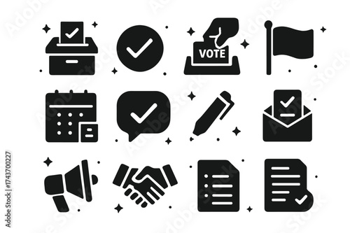 Voting Icons Collection. Voting. Solid icons set of Voting: ballot box, checkmark, hand placing vote, ID card, flag, calendar, speech bubble, pen, envelope,