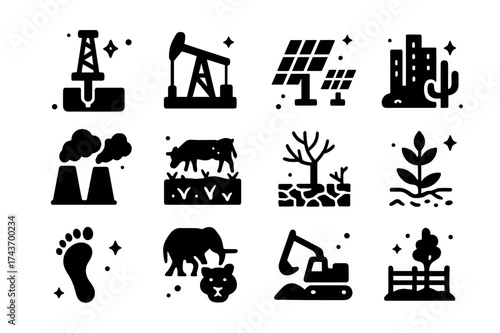 Desert Impact Icons. Desert human impact. Solid icons set of water drilling, oil pump, solar panel farm, desert city, pollution, overgrazing, desertification,