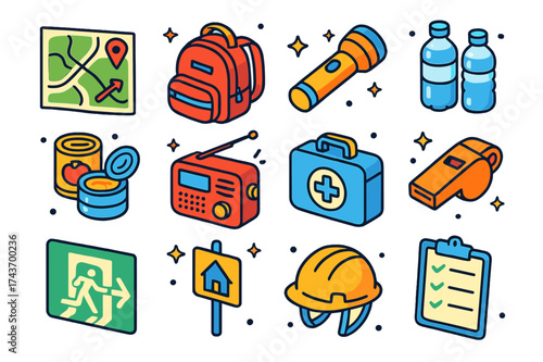 Disaster Preparedness Icons. Disaster Preparedness. Colorful isometric vector icons set of Disaster Preparedness: evacuation map, go bag, flashlight, bottled