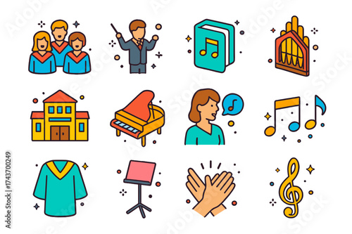 Isometric Choir Icons. Choir practice. Colorful isometric vector icons set of choir practice: choir singers, conductor, sheet music folder, church organ,
