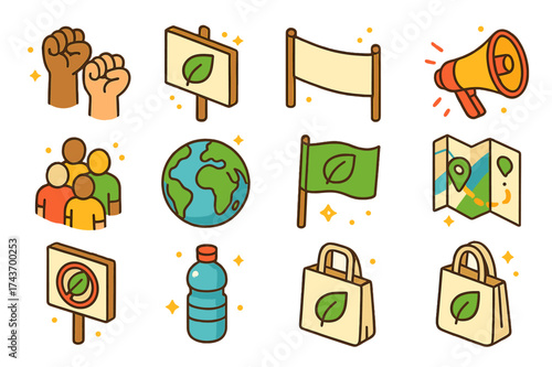 Colorful Environmental Protest Icons. Environmental protest. Colorful isometric vector icons set of environmental protest: raised fists, protest sign, banner,