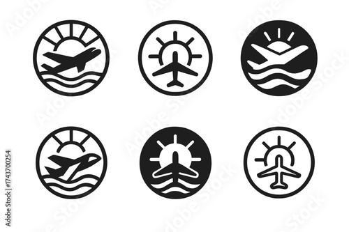 Travel Badge Designs. Travel destinations. Set Logo of travel badge: circular emblem combining airplane, sun, and waves. harmonious logo variations of the same