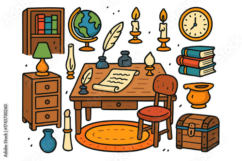 Classic Study Doodle. Classic study. Colorful Hand-drawn doodle Children illustration Classic study writing desk, quill pen, ink bottle, bookshelf, globe,