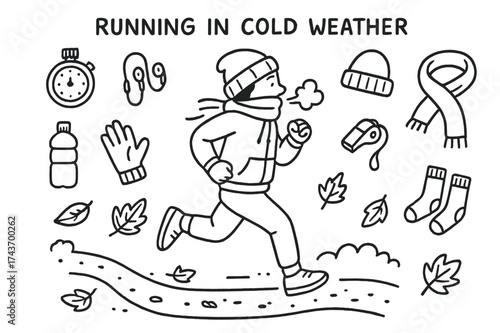 Cold Weather Running. Running in Cold Weather. Hand-drawn doodle illustration Running in Cold Weather runner, hoodie, sweatpants, gloves, beanie, sneakers,