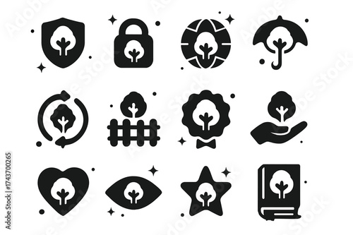 Tree Protection Icons. Tree protection. Solid icons set of shield with tree, lock with tree, globe with tree, umbrella with tree, recycle arrows with tree,