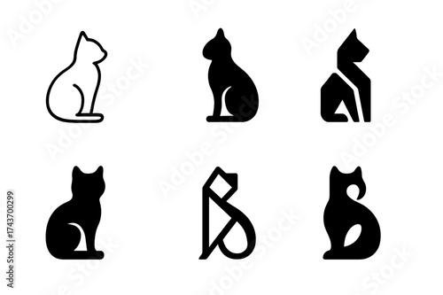 Cat Logo Design. Pets and animals. Set Logo of cat sitting: Stylized detail, Iconic shape, Minimal outline, Flat solid, Abstract geometric, Negative space.