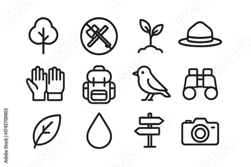 Forest Conservation Icons. Forest Conservation. Line icon set of Forest Conservation: tree, axe crossed out, sapling, ranger hat, gloves, backpack, bird,