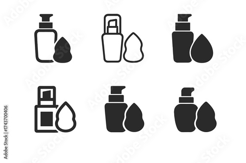 Foundation Logo Variations. Foundation bottles and sponges. Set Logo of Foundation bottles and sponges: Airless foundation bottle. harmonious logo variations