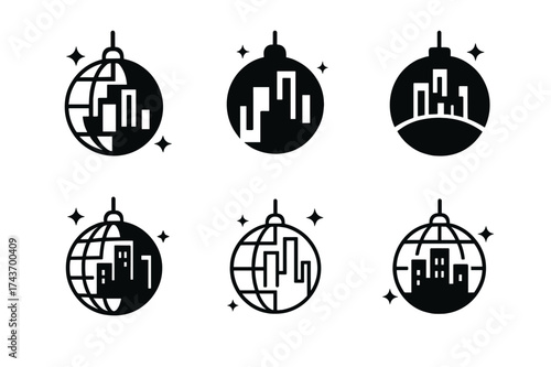 City Nightlife Logos. City nightlife. Set Logo of City nightlife: disco ball. harmonious logo variations of the same emblematic concept, each with different