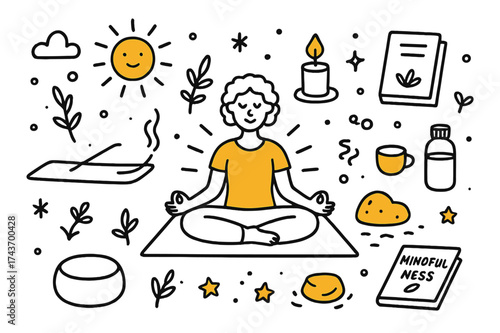 Yoga Meditation Doodles. Yoga Meditation. Hand-drawn doodle illustration yoga meditation person in lotus pose (accented), yoga mat, incense, candle (accented),