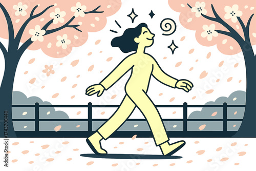 Glowing Blossom Stroll. Cherry blossoms. Person glowing while walking along a promenade with petals falling softly. Floating icons of flower, swirl, and