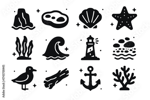 Coastal Iconography. Coastal Rocks. Solid icons set of Coastal Rocks: sea cliff, tide pool, seashell, starfish, seaweed, crashing wave, lighthouse, pebble