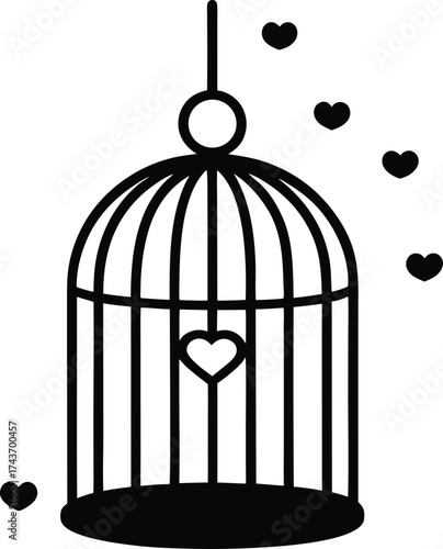 Birdcage with Open Door and Heart Shapes Vector Silhouette
