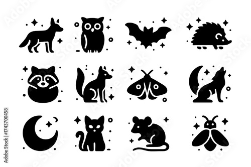 Nocturnal Animals Icons. Nocturnal animals. Solid icons set of Nocturnal animals: jackal, owl, bat, hedgehog, raccoon, fox, moth, wolf, moon, cat, mouse,