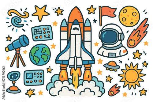 Space Adventure Doodle. Space Shuttle. Colorful Hand-drawn doodle Children illustration shuttle launch, rocket boosters, astronaut helmet, control panel,