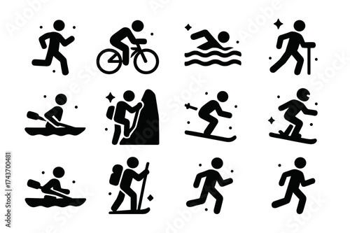 Endurance Sports Icons. Endurance athletes. Solid icons set of marathon runner, cyclist, swimmer, triathlete, rowing athlete, mountain climber,