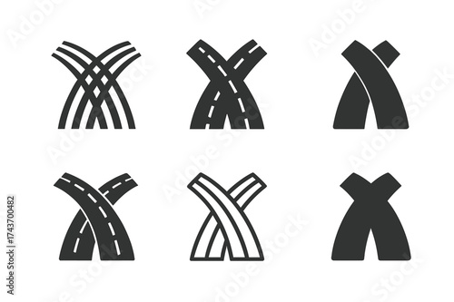 Diverse Road Network Logos. Infrastructure development in emerging markets. Set Logo of road network: intersecting highway paths. harmonious logo variations of