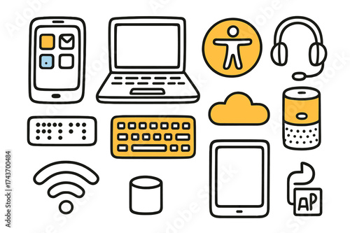 Accessible Tech Doodles. Accessible Technology. Hand-drawn doodle illustration smartphone with app icons (colored), laptop, screen reader icon (colored),