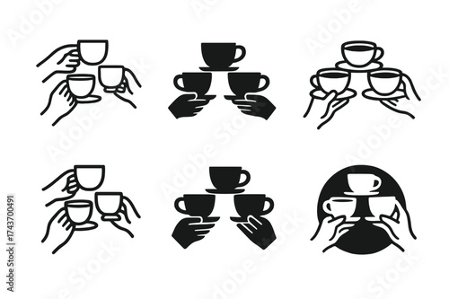 New Year Brunch Logos. New Year?s Day recovery brunch and celebration. Set Logo of New Year?s Day recovery brunch and celebration: Group clinking coffee mugs /