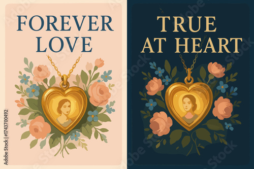 Forever Love Banners. Forever Love. Two vertical A6 banners, pastel, navy and gold backgrounds, glowing locket with tiny portrait and floral accents, first