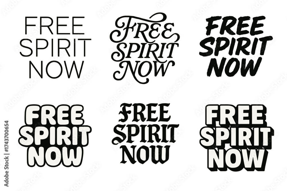 Obraz premium Diverse Lettering Styles. Free Spirit Now. Set lettering. harmonious lettering variations of the same emblematic concept (Modern minimal monoline lettering,
