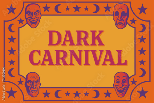 Dark Carnival Poster. Dark Carnival ? Poster Layout: framed composition with bold serif title; embossed lettering with faint shadow; grainy pastel-paper