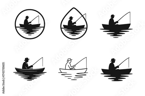 Lake Fishing Logos. Fishing at the lake. Set Logo of boat silhouette: fisherman in small rowboat on lake water. harmonious logo variations of the