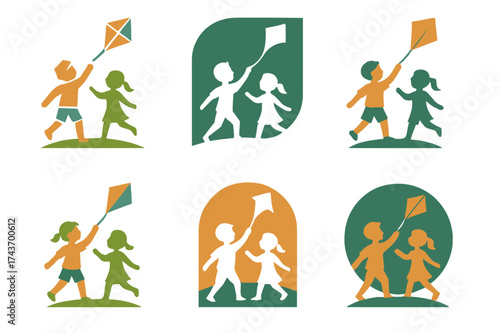 Kids Play Logo Variations. Children playing sports or engaging in physical activities. Set Logo of outdoor play: kids flying kite or playing catch. harmonious