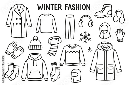 Winter Fashion Icons. Winter Fashion. Hand-drawn doodle illustration Winter Fashion coat, thermals, boots, gloves, scarf, beanie, earmuffs, snowflake, sweater,